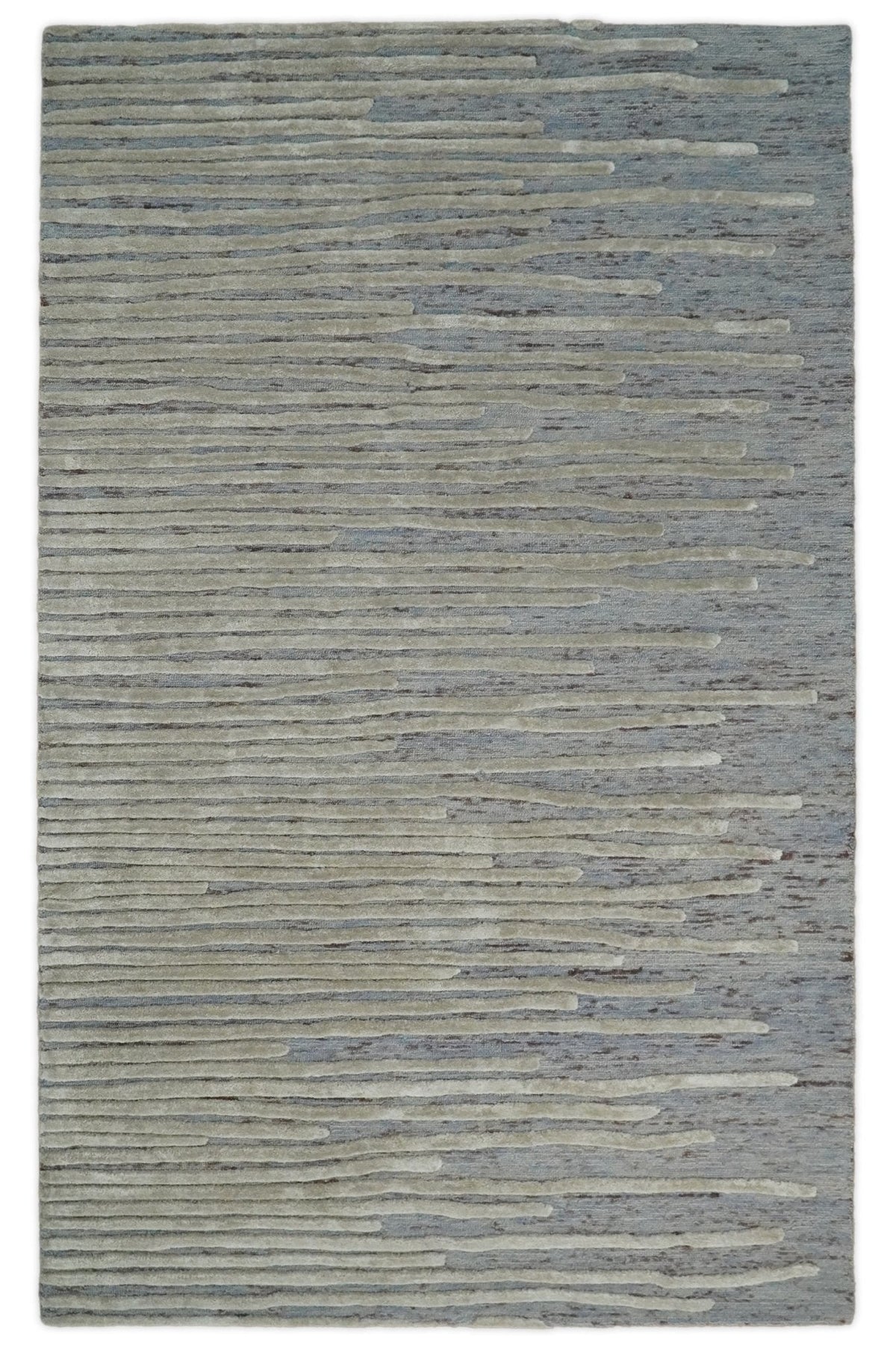 Modern Stripe Pattern Beige and Gray Hand Tufted Wool and Silk Area Rug.