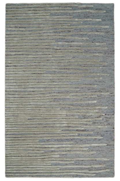 Modern Stripe Pattern Beige and Gray Hand Tufted Wool and Silk Area Rug.