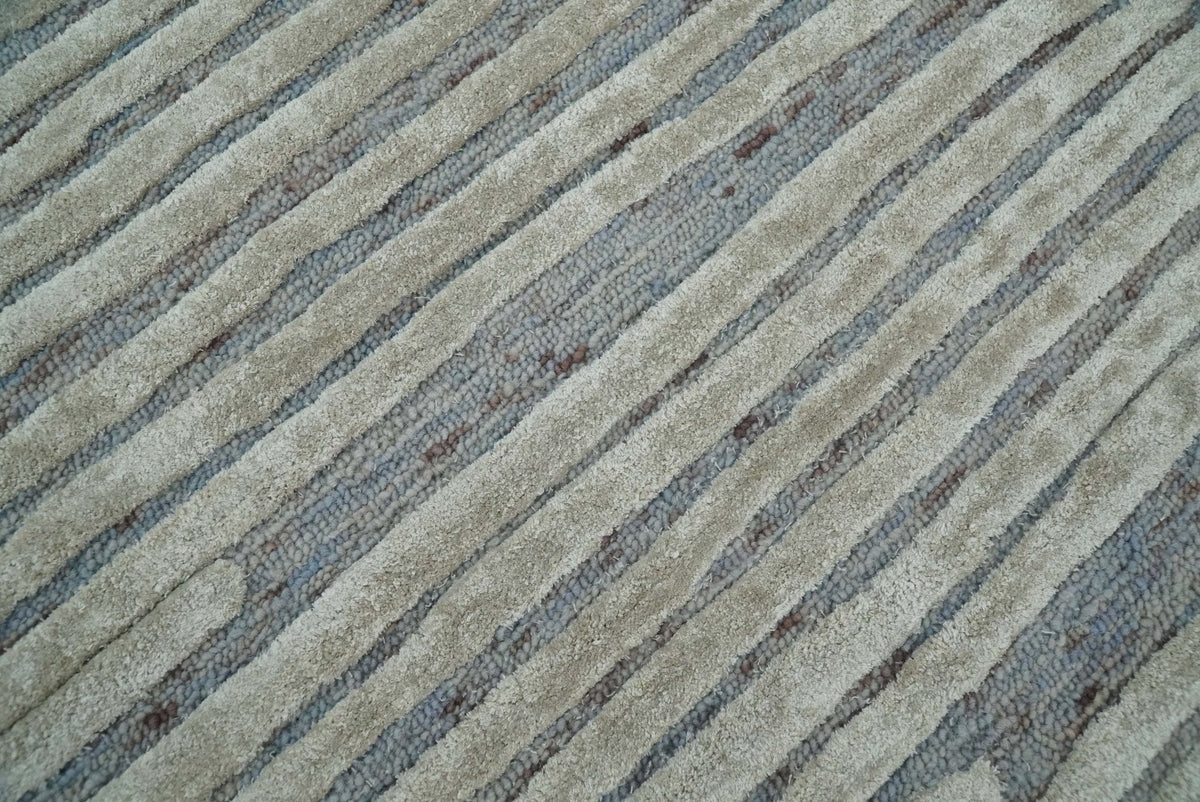 Modern Stripe Pattern Beige and Gray Hand Tufted Wool and Silk Area Rug.