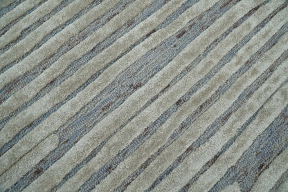 Modern Stripe Pattern Beige and Gray Hand Tufted Wool and Silk Area Rug.