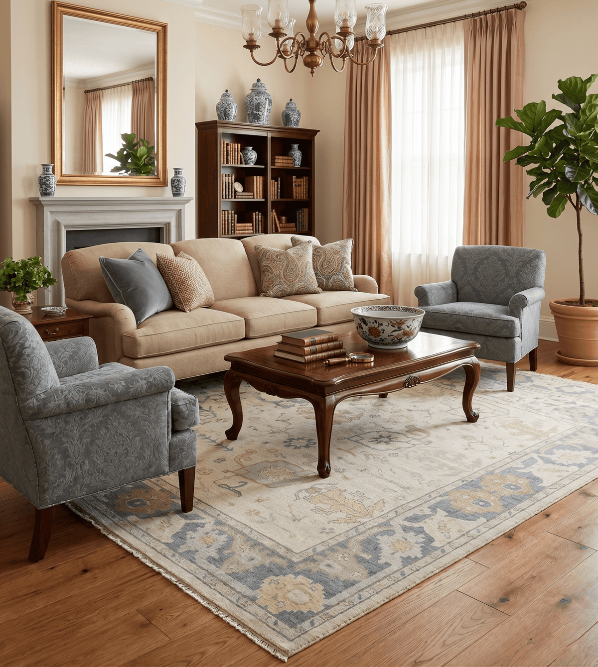 Beige and Gray Hand Knotted Traditional Persian Oushak Wool Rug.