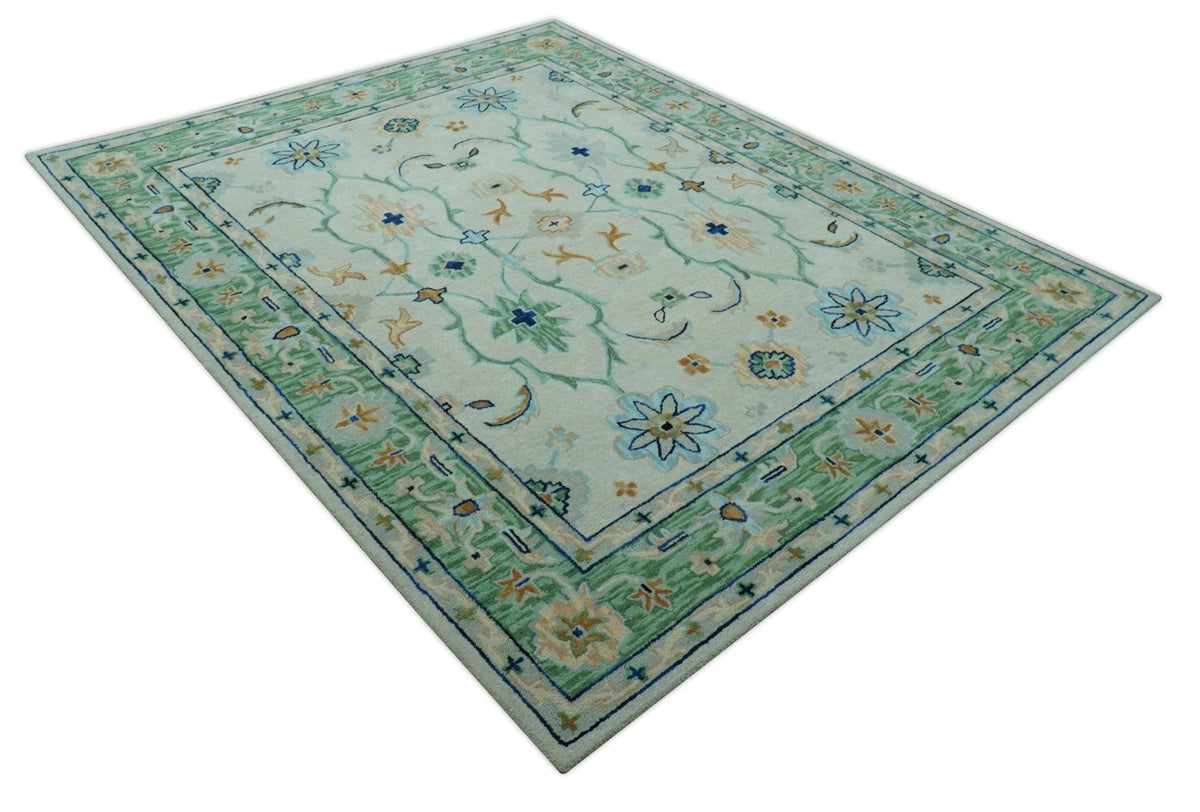 Beige and Green traditional Floral Oriental Oushak Hand Tufted Multi Size wool rug.