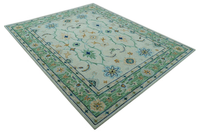 Beige and Green traditional Floral Oriental Oushak Hand Tufted Multi Size wool rug.