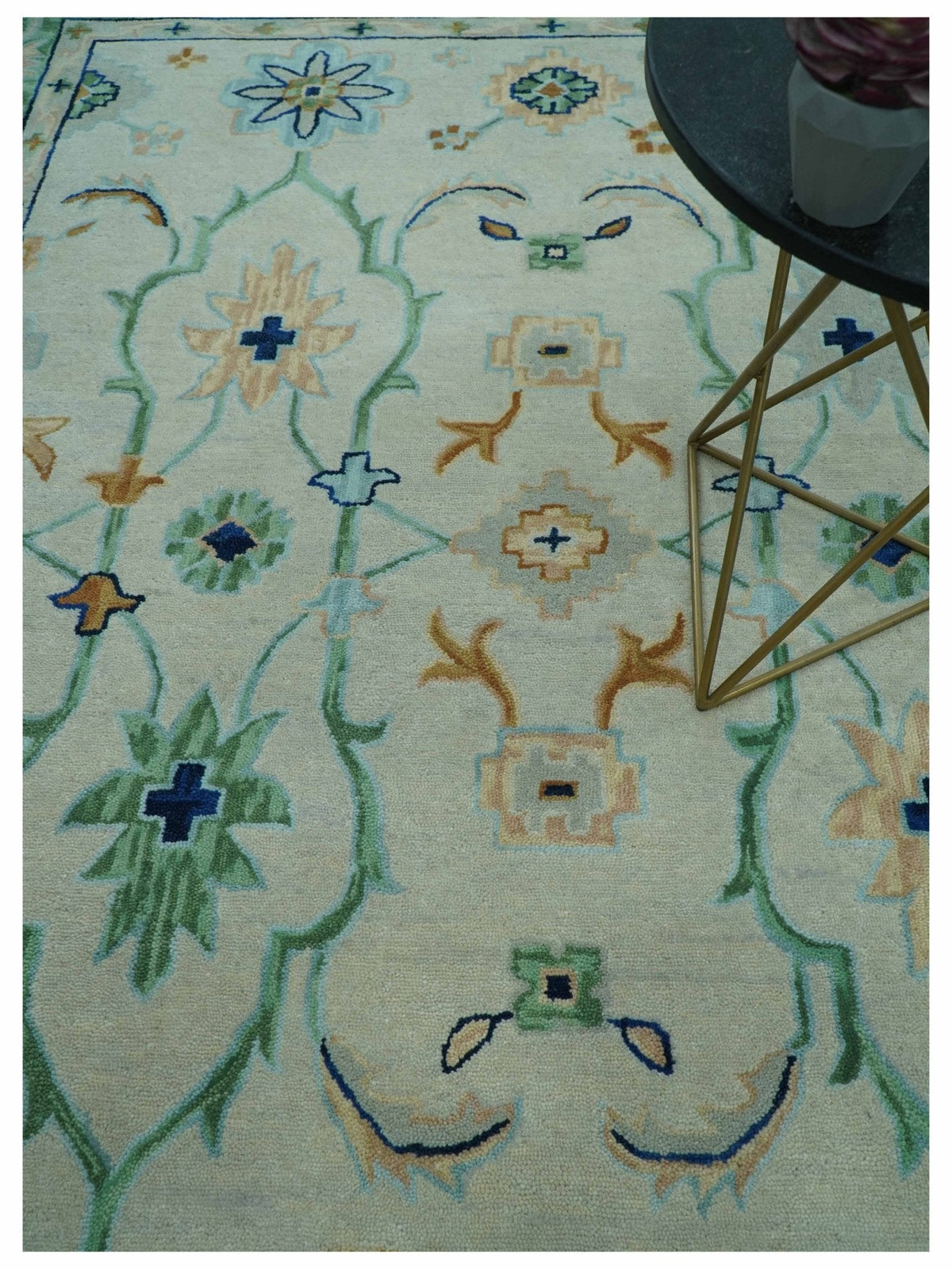 Beige and Green traditional Floral Oriental Oushak Hand Tufted Multi Size wool rug.