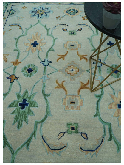 Beige and Green traditional Floral Oriental Oushak Hand Tufted Multi Size wool rug.