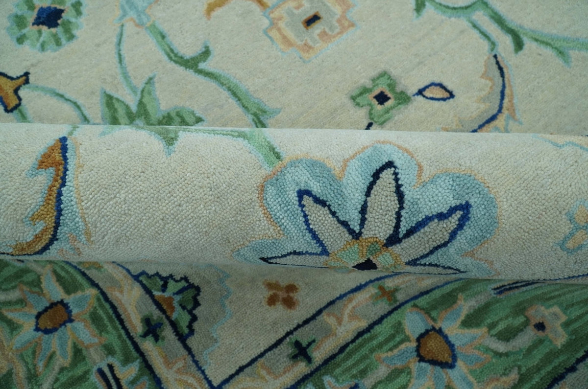 Beige and Green traditional Floral Oriental Oushak Hand Tufted Multi Size wool rug.