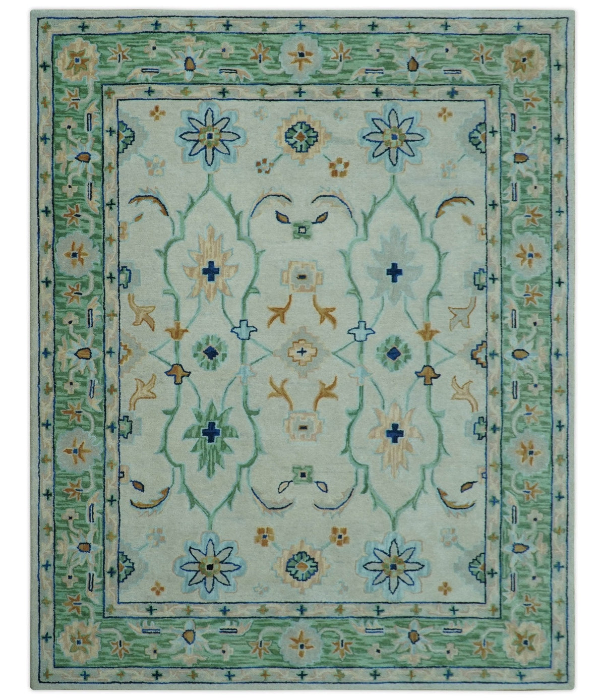 Beige and Green traditional Floral Oriental Oushak Hand Tufted Multi Size wool rug.