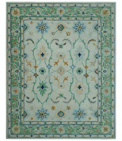 Beige and Green traditional Floral Oriental Oushak Hand Tufted Multi Size wool rug.