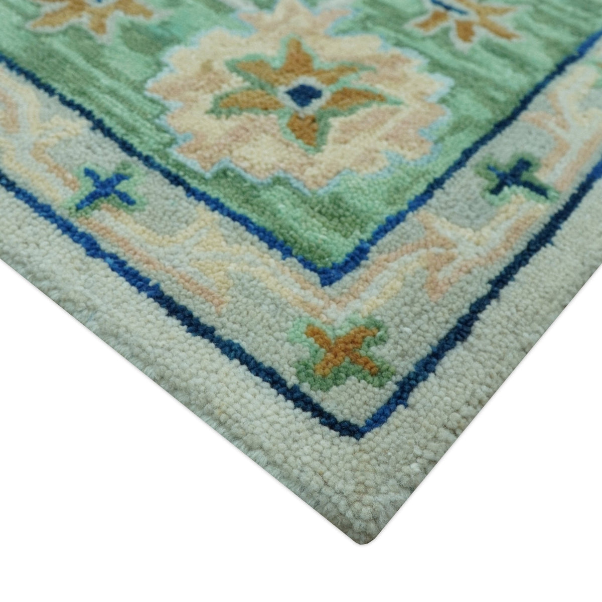 Beige and Green traditional Floral Oriental Oushak Hand Tufted Multi Size wool rug.