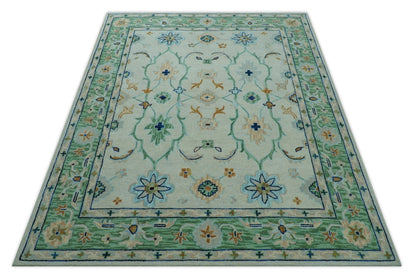 Beige and Green traditional Floral Oriental Oushak Hand Tufted Multi Size wool rug.