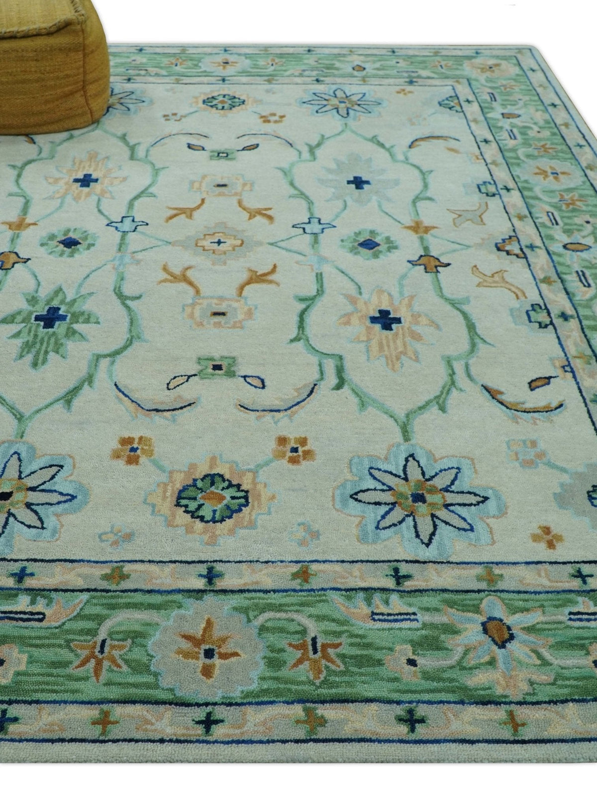 Beige and Green traditional Floral Oriental Oushak Hand Tufted Multi Size wool rug.