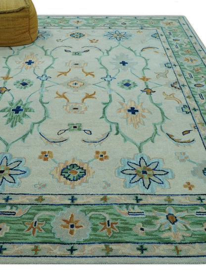 Beige and Green traditional Floral Oriental Oushak Hand Tufted Multi Size wool rug.
