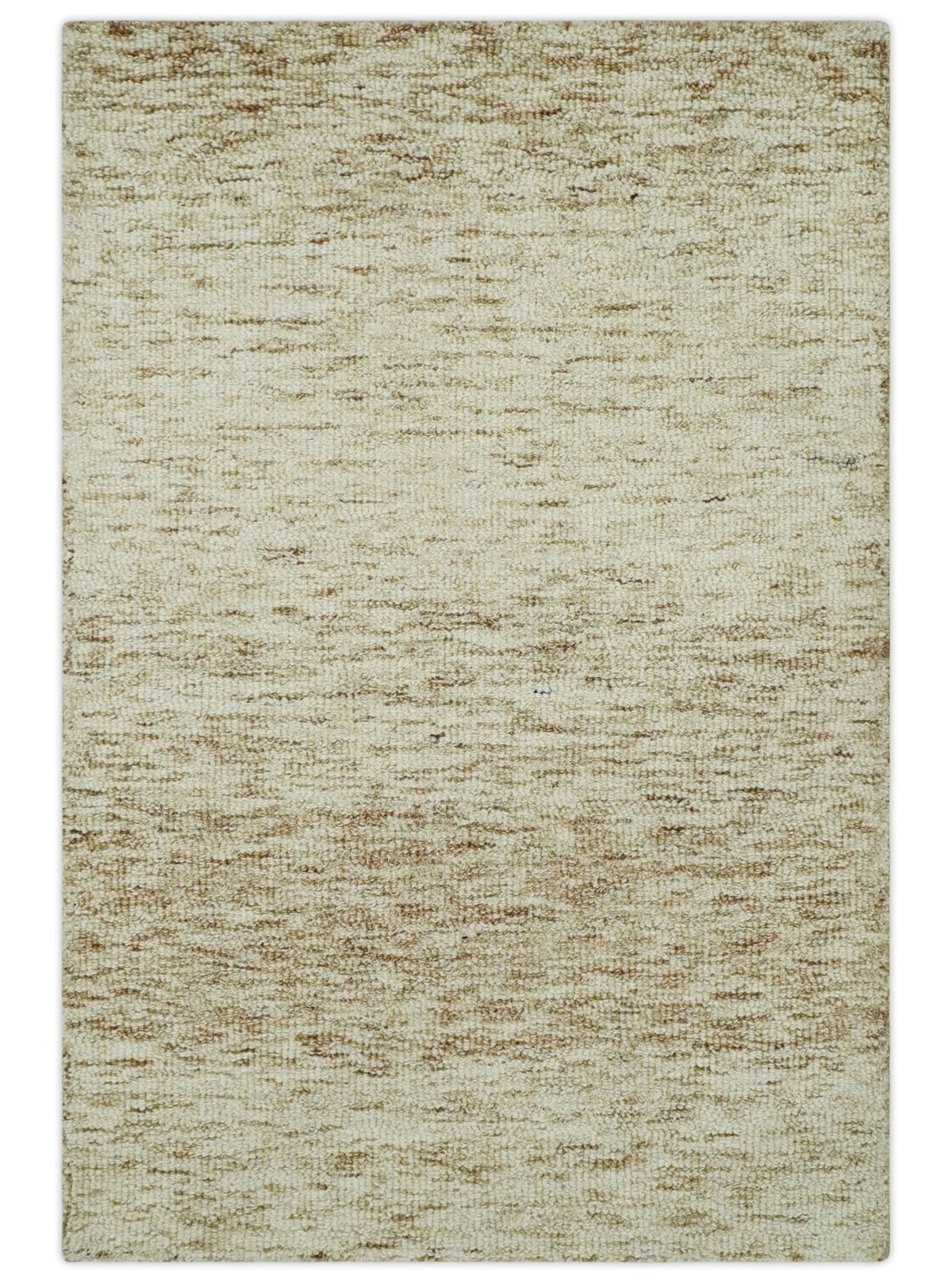 Beige and Ivory Modern Solid Hand Woven Wool Rug.
