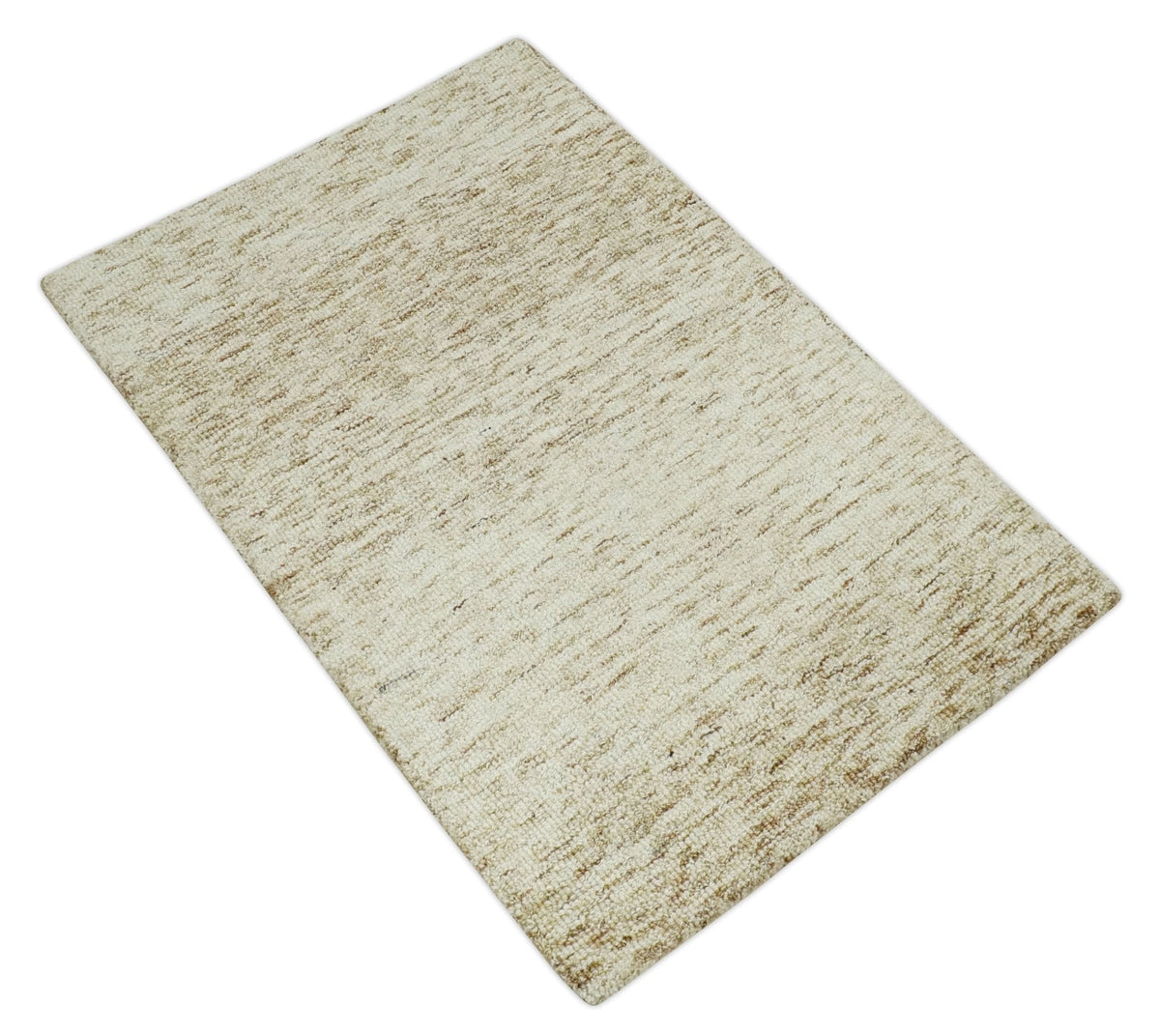 Beige and Ivory Modern Solid Hand Woven Wool Rug.