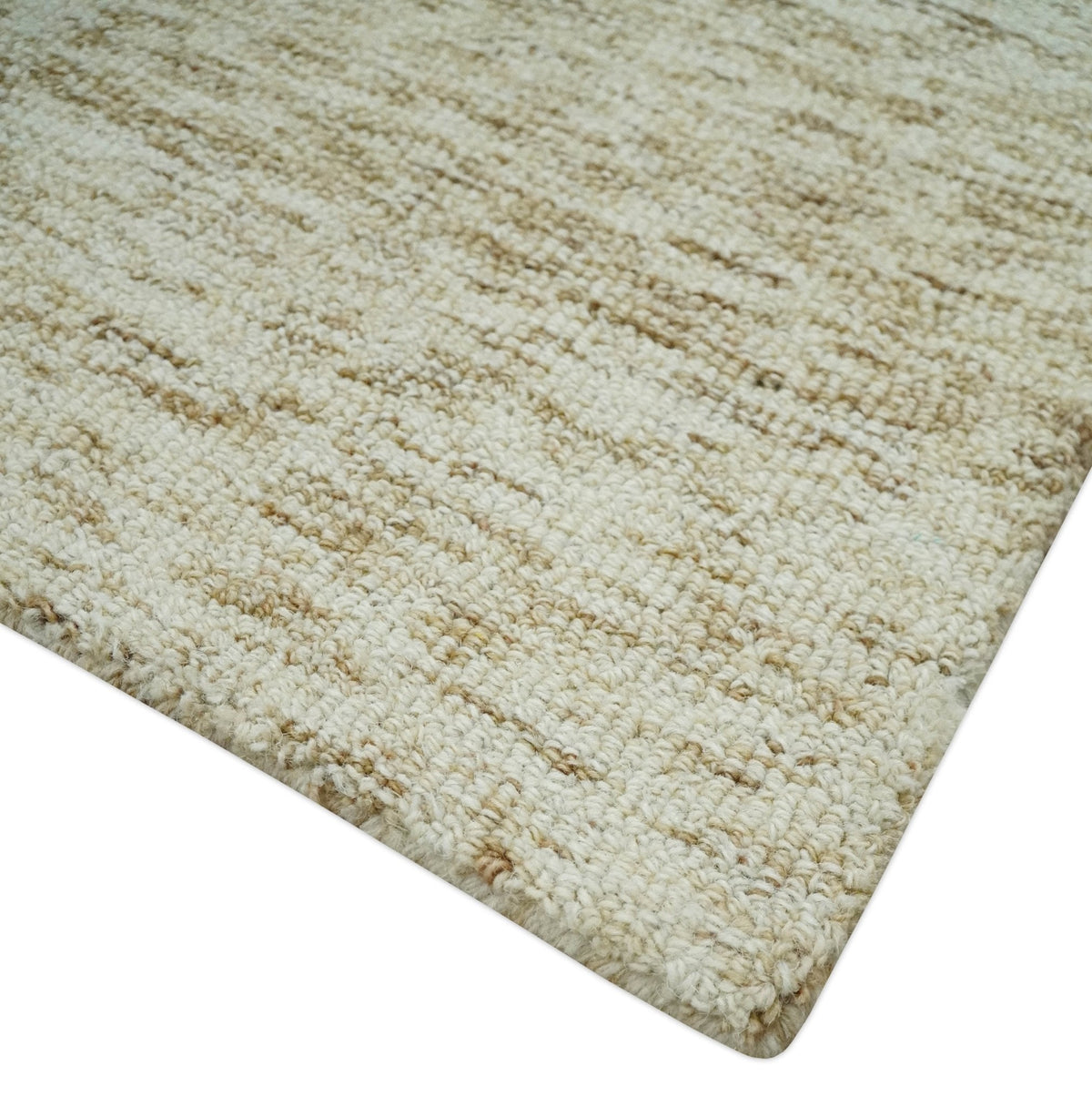 Beige and Ivory Modern Solid Hand Woven Wool Rug.