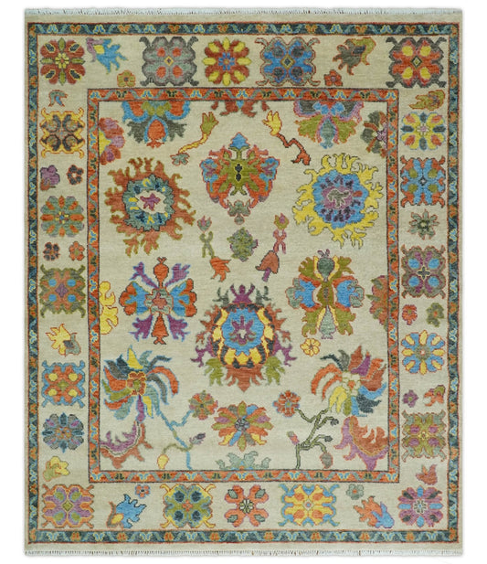 Vibrant Colorful Beige and Rust Traditional Oushak Custom Made wool Area Rug.