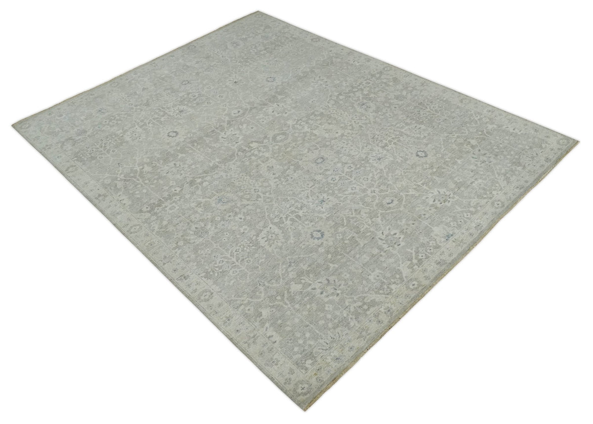 Beige and Silver Custom Made Antique Style Distressed Finished Low Pile wool Area Rug.