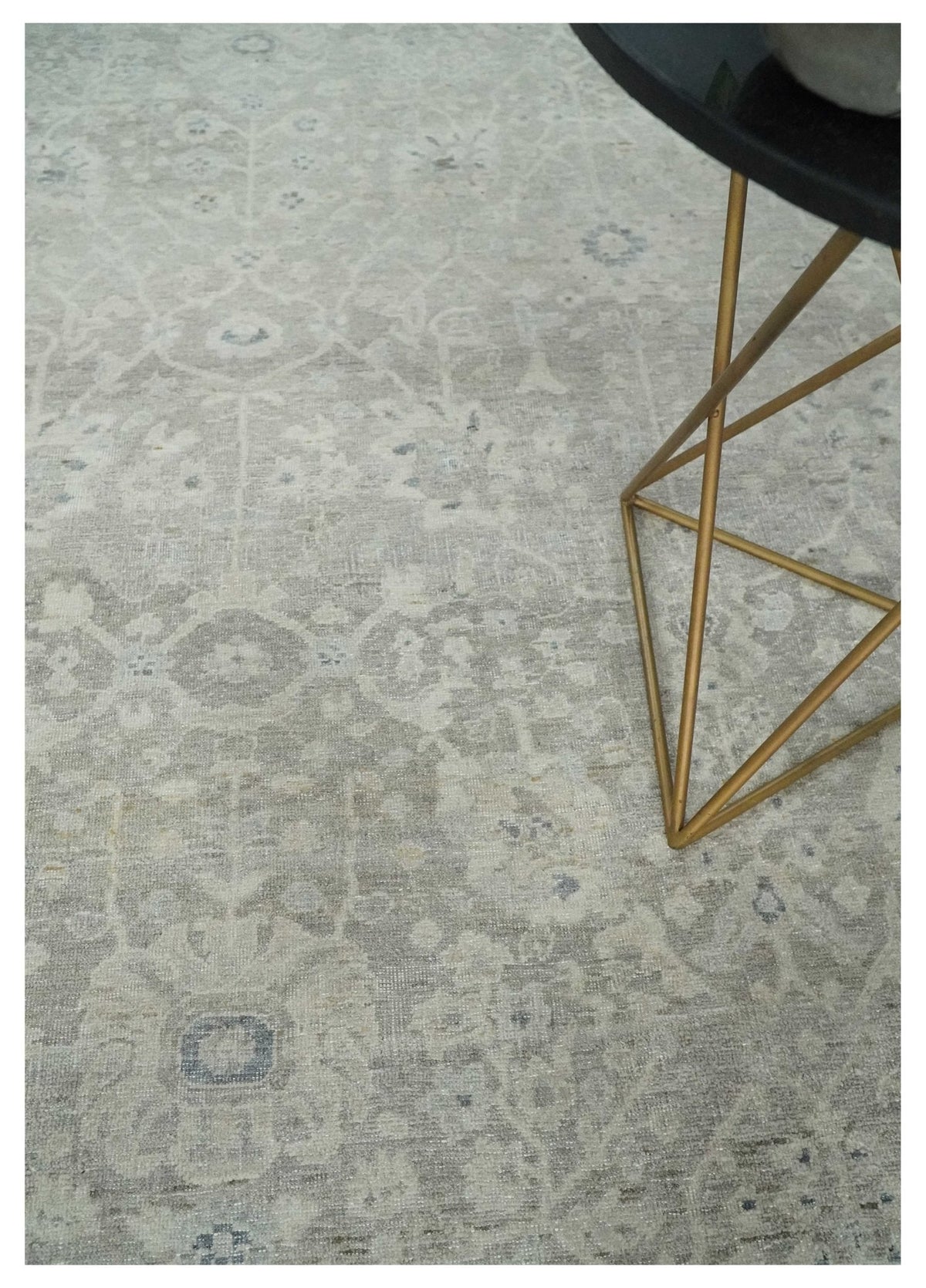 Beige and Silver Custom Made Antique Style Distressed Finished Low Pile wool Area Rug.