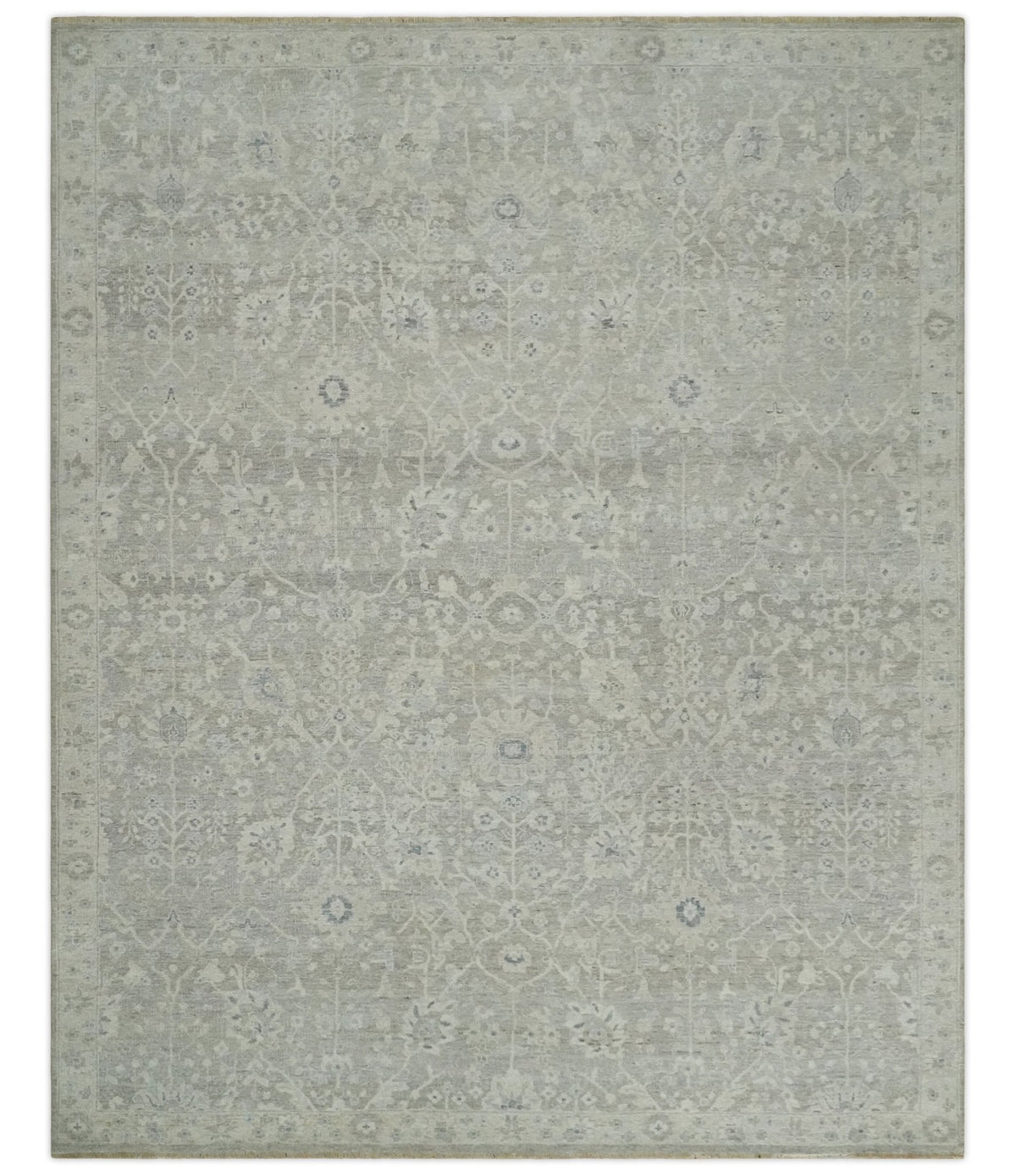 Beige and Silver Custom Made Antique Style Distressed Finished Low Pile wool Area Rug.