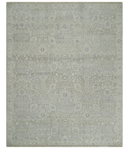 Beige and Silver Custom Made Antique Style Distressed Finished Low Pile wool Area Rug.