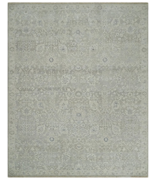 Beige and Silver Custom Made Antique Style Distressed Finished Low Pile wool Area Rug.