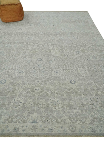 Beige and Silver Custom Made Antique Style Distressed Finished Low Pile wool Area Rug.