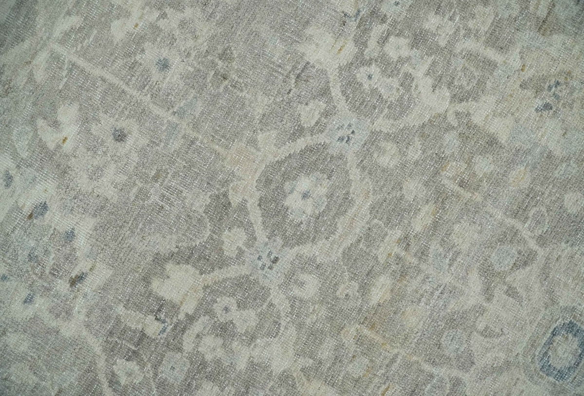 Beige and Silver Custom Made Antique Style Distressed Finished Low Pile wool Area Rug.