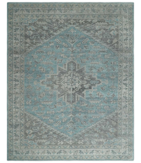 Blue and Gray Antique Finish Distressed Hand Knotted Traditional wool Area Rug.