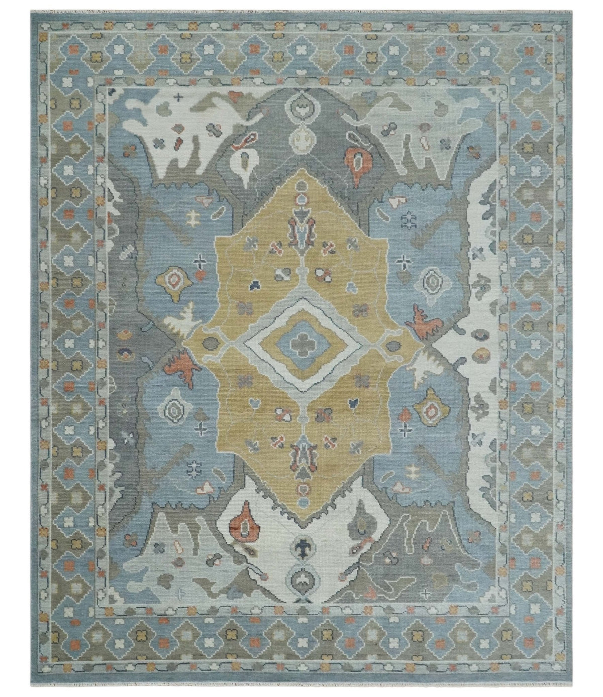 Beige, Blue and Ivory Hand Knotted Traditional Wool Area Rug.