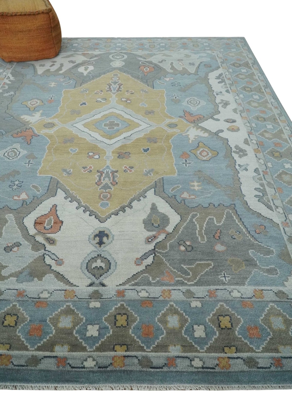 Beige, Blue and Ivory Hand Knotted Traditional Wool Area Rug.