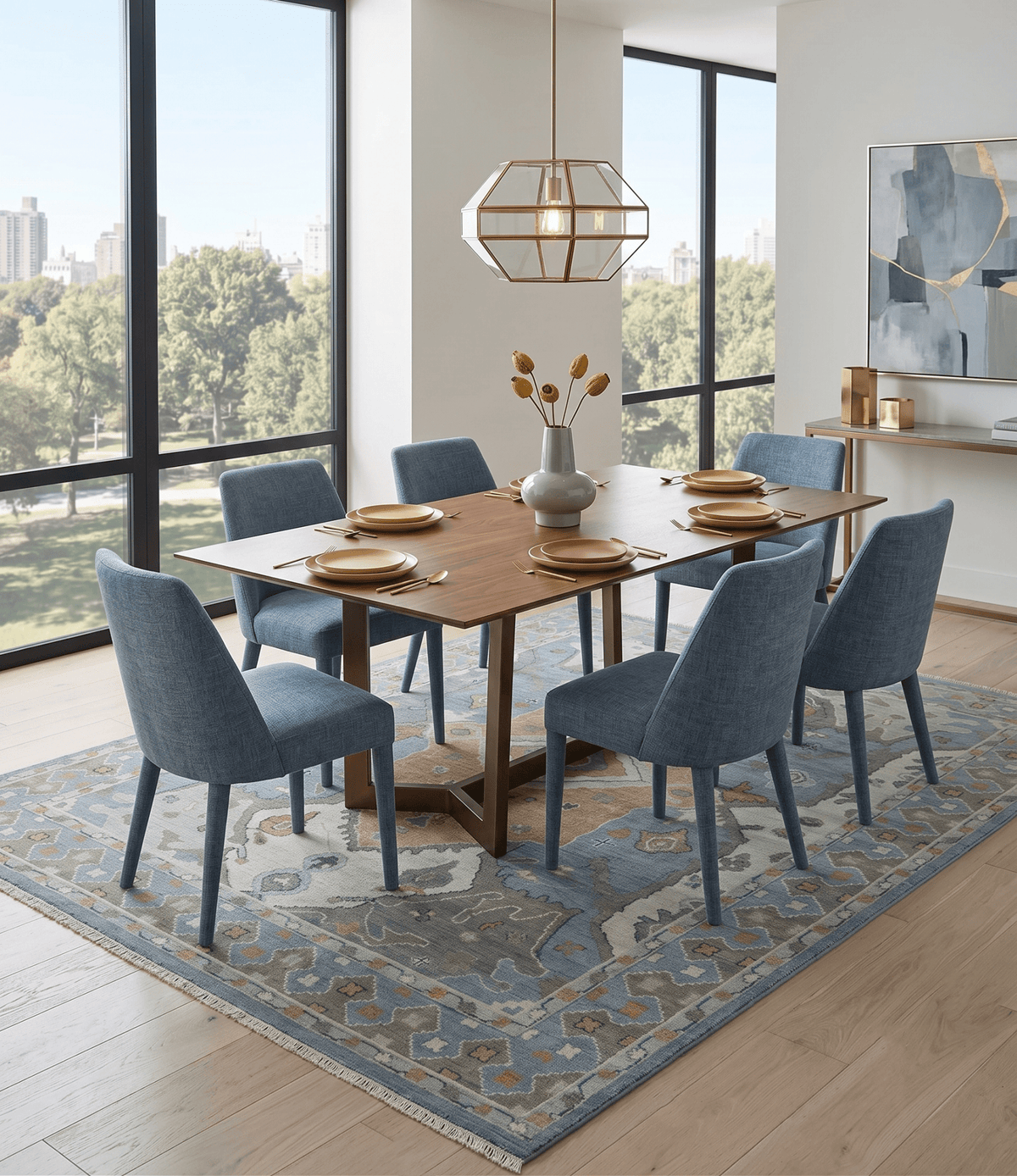 Beige, Blue and Ivory Hand Knotted Traditional Wool Area Rug.