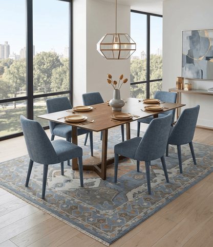 Beige, Blue and Ivory Hand Knotted Traditional Wool Area Rug.