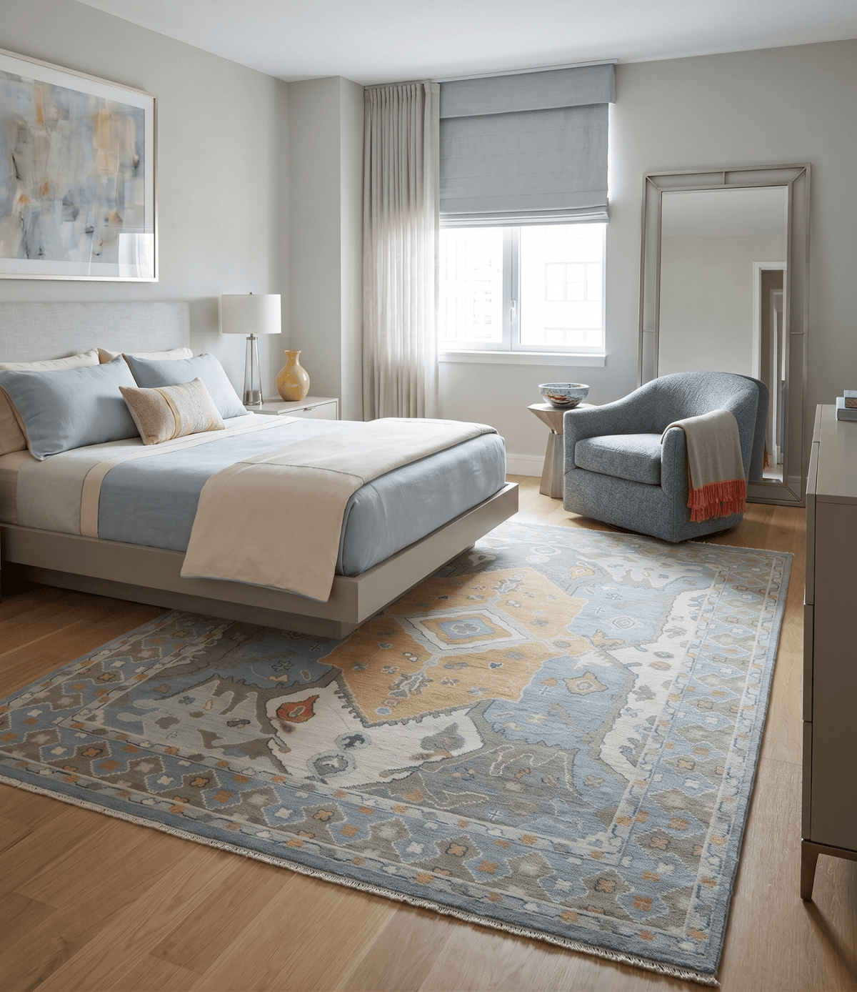 Beige, Blue and Ivory Hand Knotted Traditional Wool Area Rug.
