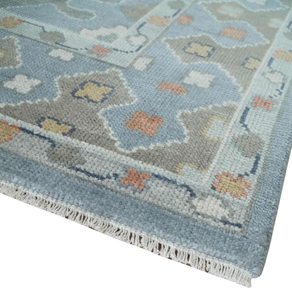 Beige, Blue and Ivory Hand Knotted Traditional Wool Area Rug.