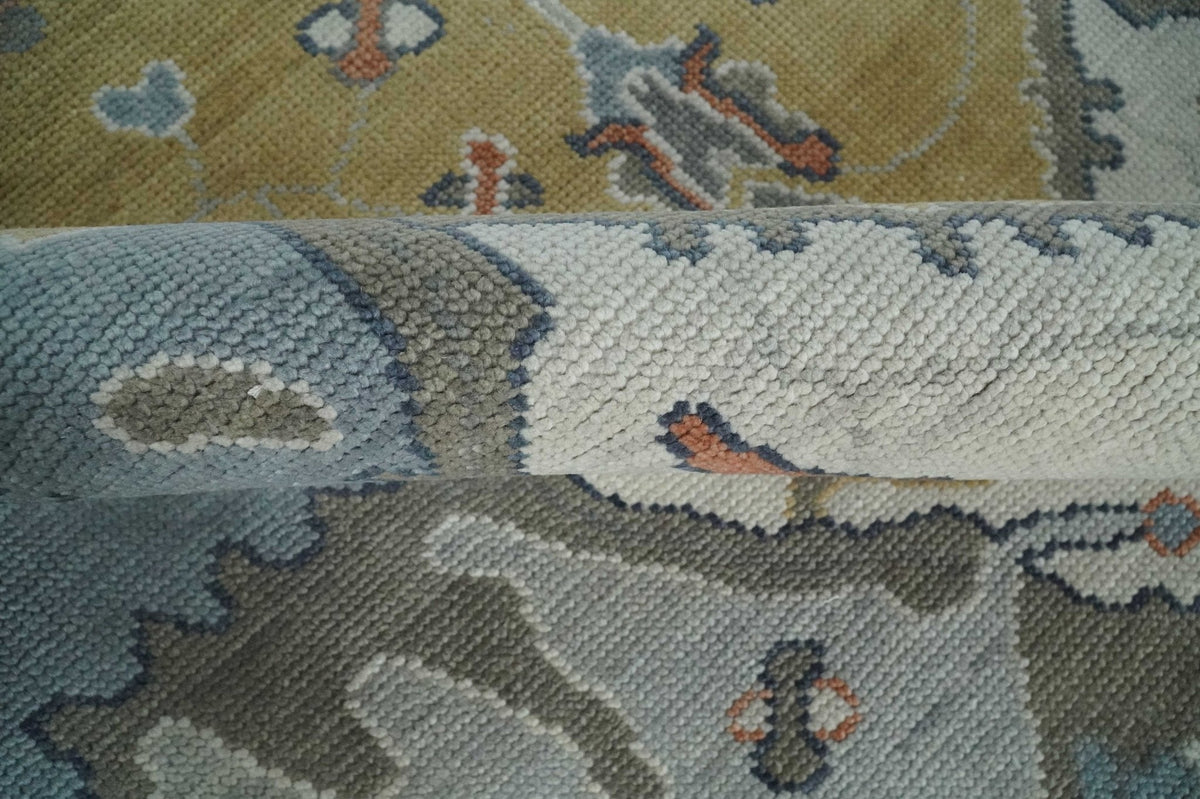 Beige, Blue and Ivory Hand Knotted Traditional Wool Area Rug.