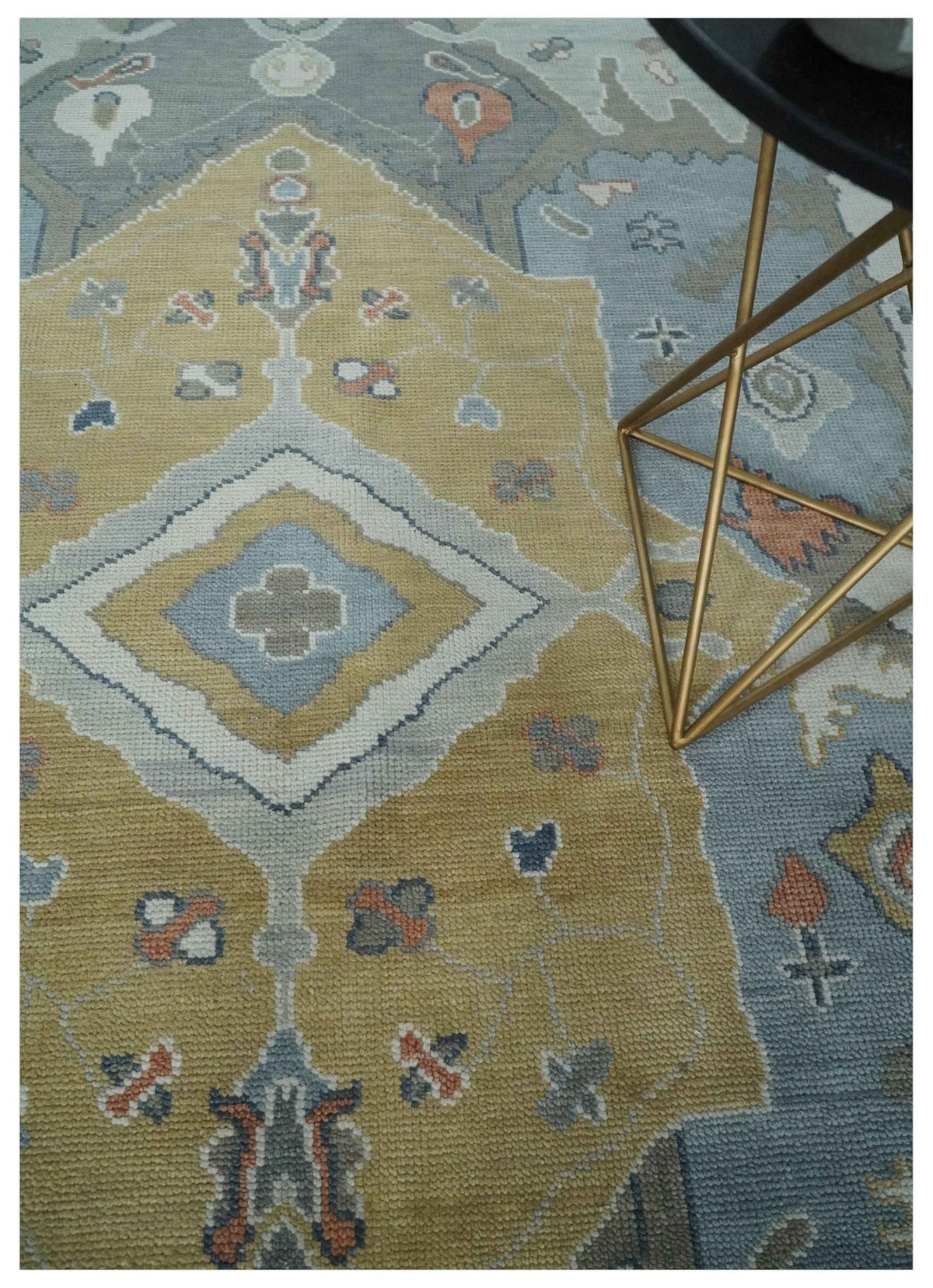 Beige, Blue and Ivory Hand Knotted Traditional Wool Area Rug.