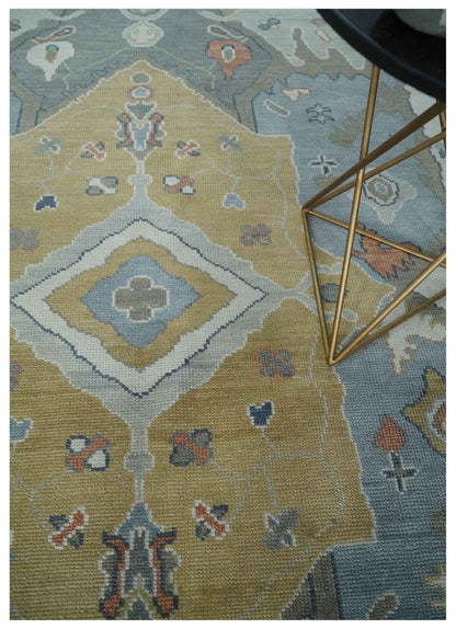 Beige, Blue and Ivory Hand Knotted Traditional Wool Area Rug.