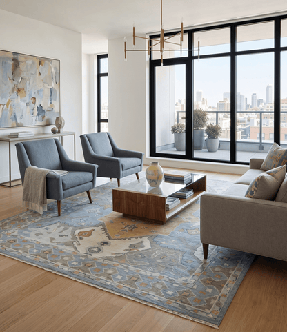 Beige, Blue and Ivory Hand Knotted Traditional Wool Area Rug.