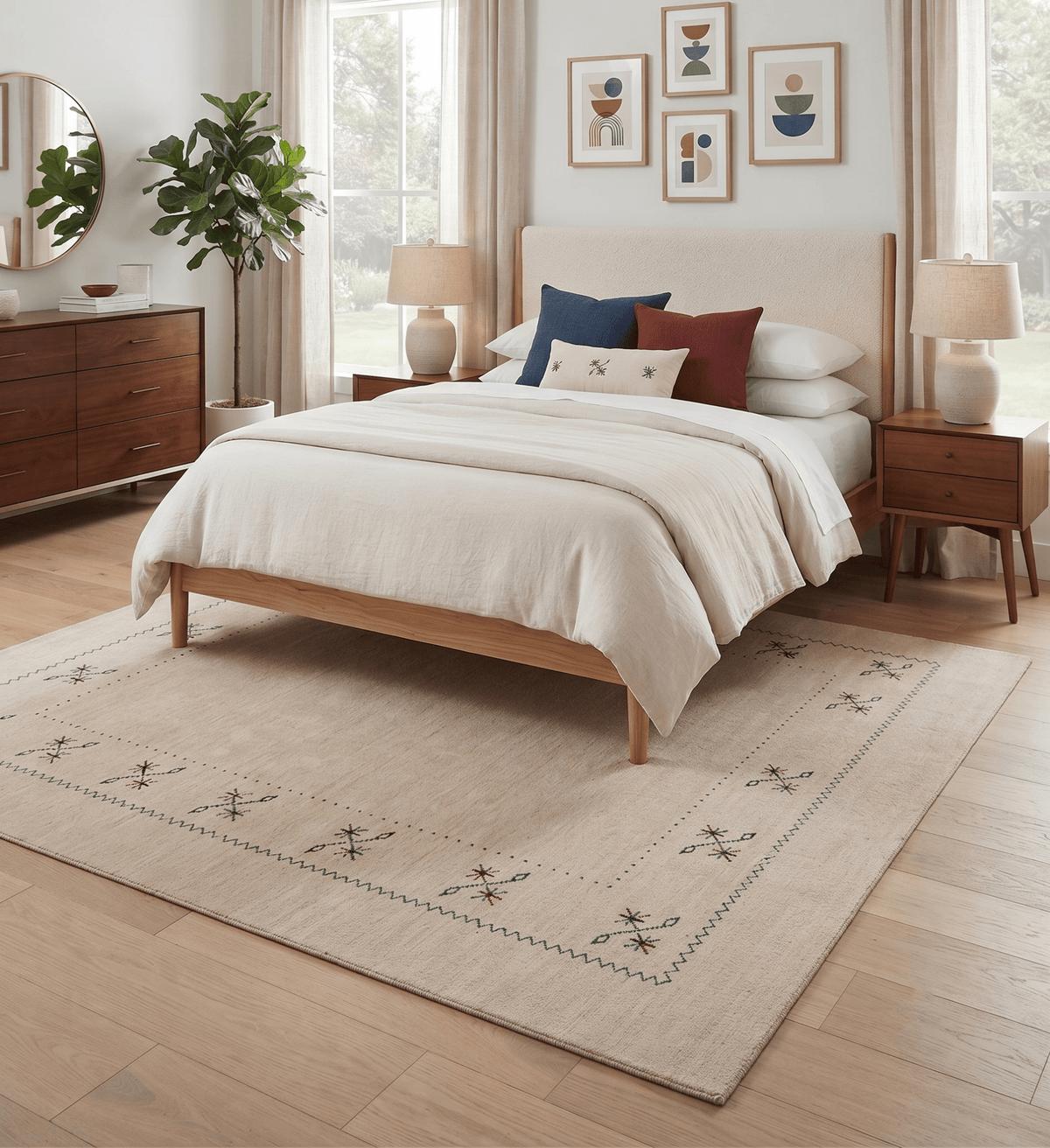 Beige Border Design Hand Loomed Wool Area Rug.