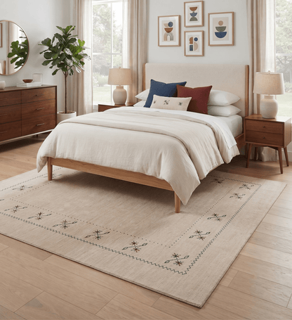 Beige Border Design Hand Loomed Wool Area Rug.