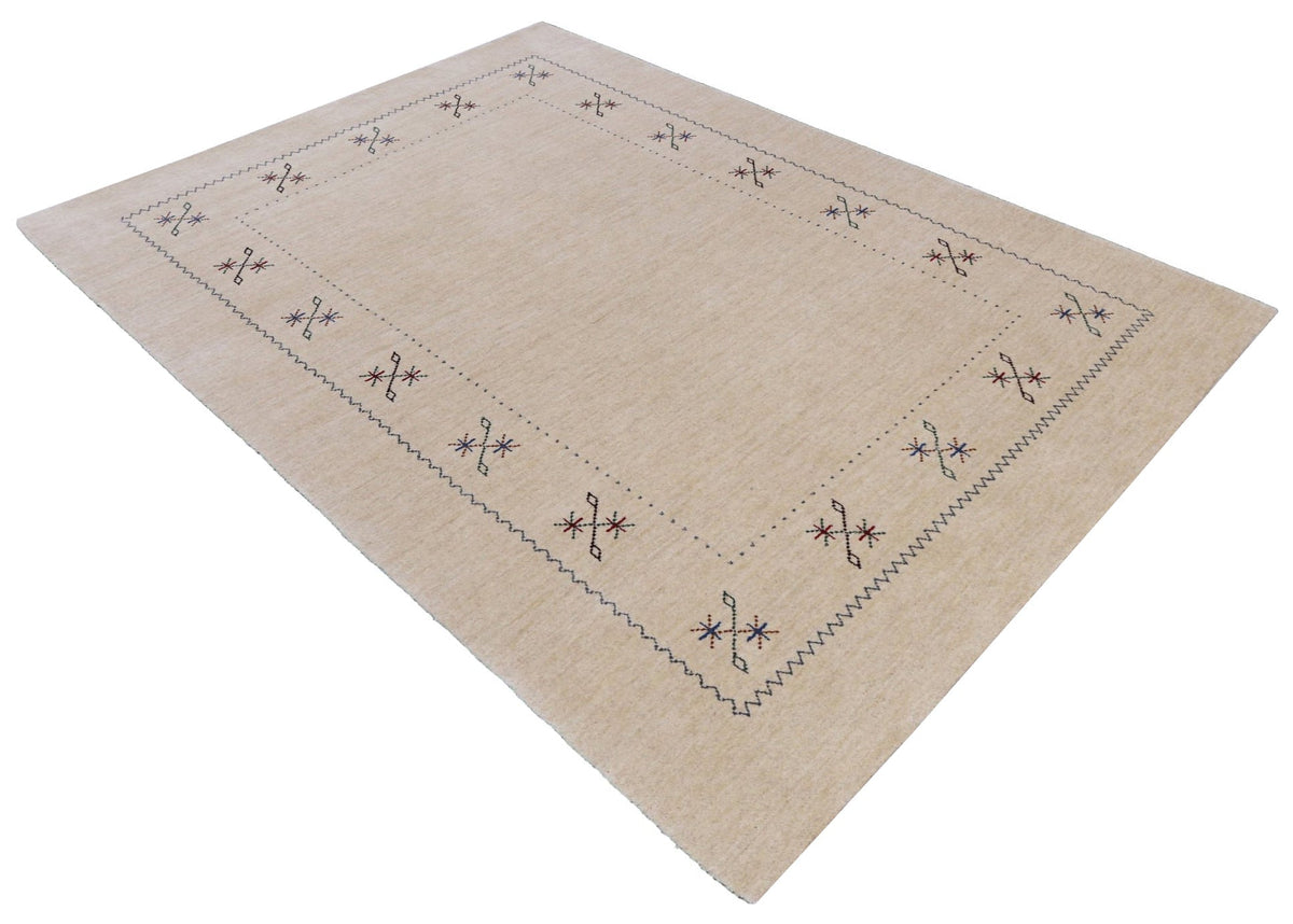 Beige Border Design Hand Loomed Wool Area Rug.
