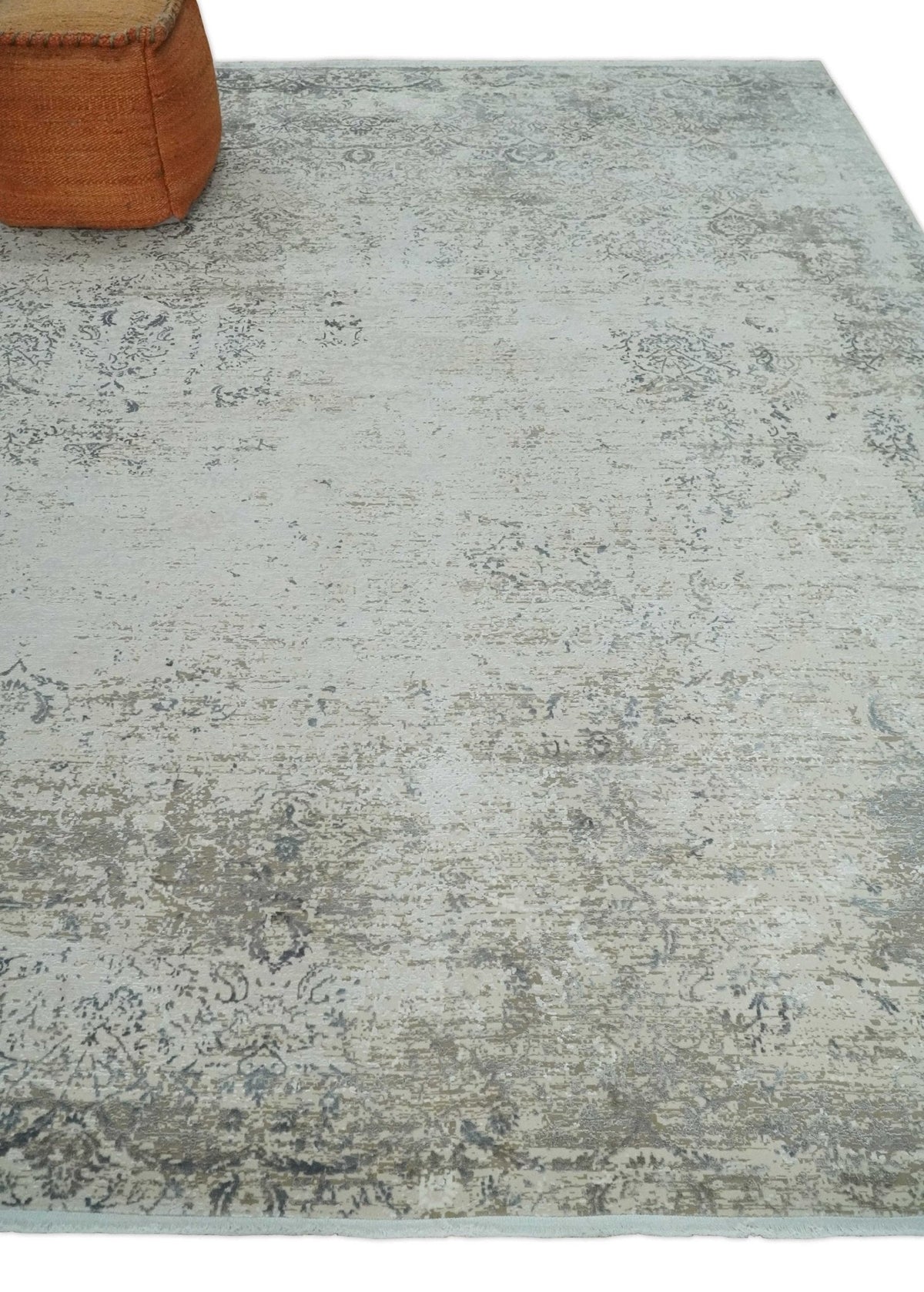 3x5 Beige, Brown and Silver Antique Finish Silk Area Rug.
