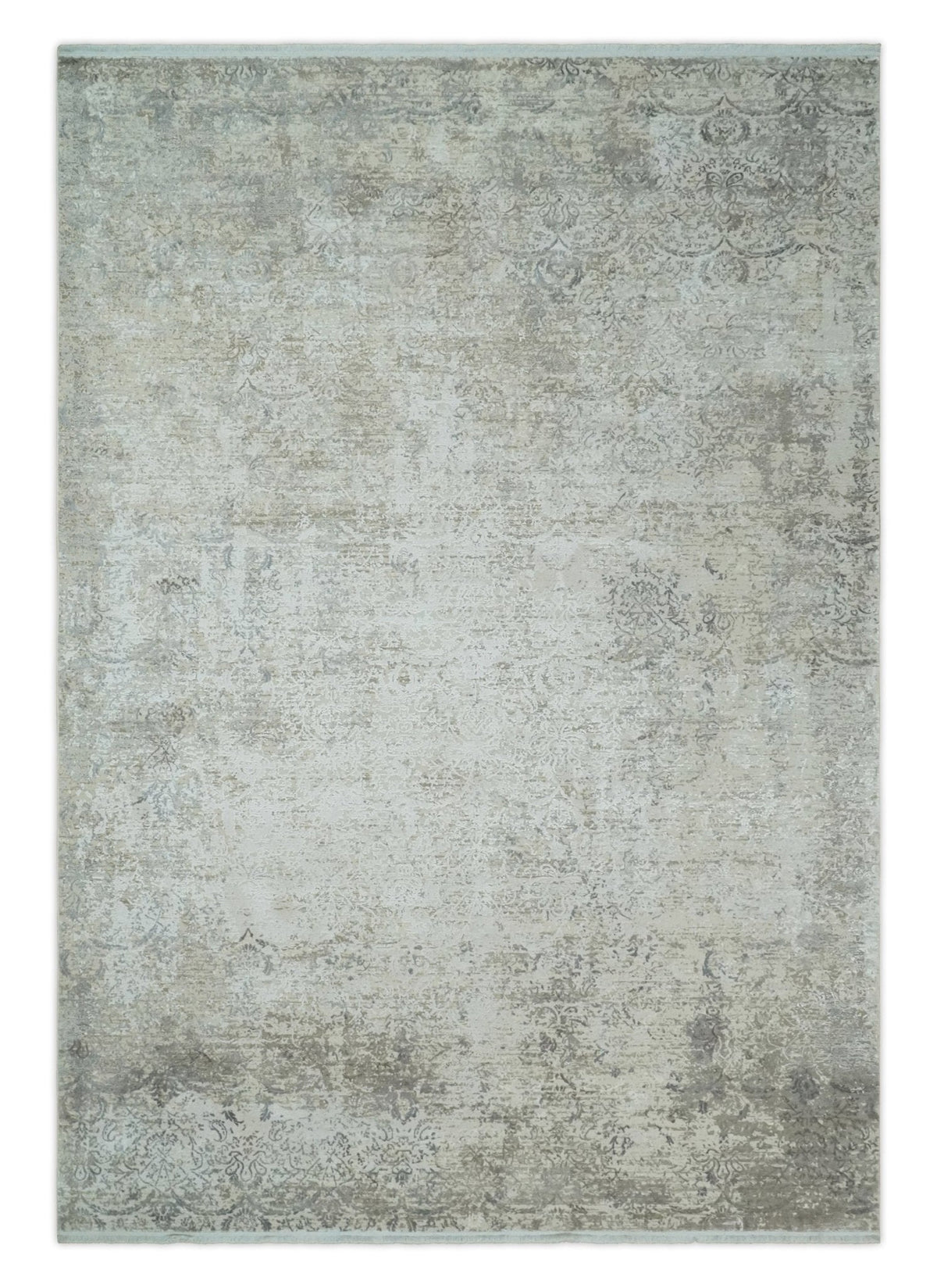 3x5 Beige, Brown and Silver Antique Finish Silk Area Rug.