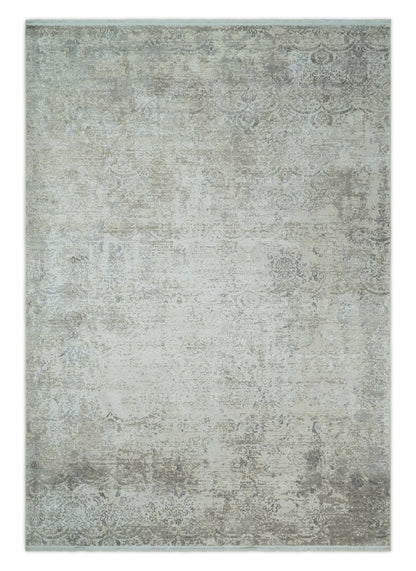 3x5 Beige, Brown and Silver Antique Finish Silk Area Rug.