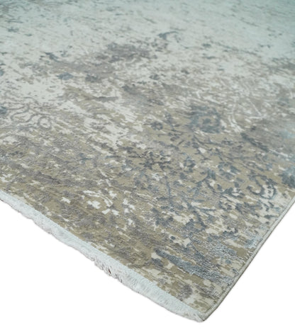 3x5 Beige, Brown and Silver Antique Finish Silk Area Rug.