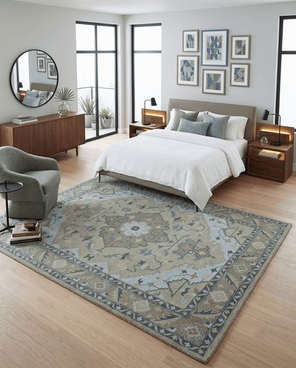 Beige, Brown and Silver Hand Knotted Traditional Multi size wool Area Rug.