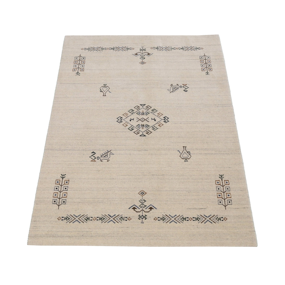 Beige Center Medallion Design Hand Loomed Wool Area Rug.