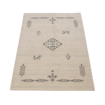 Beige Center Medallion Design Hand Loomed Wool Area Rug.