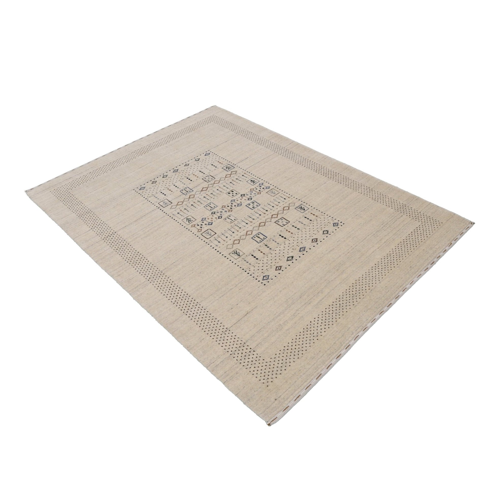 Beige Center Pattern Design Hand Loomed Wool Area Rug.