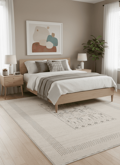 Beige Center Pattern Design Hand Loomed Wool Area Rug.